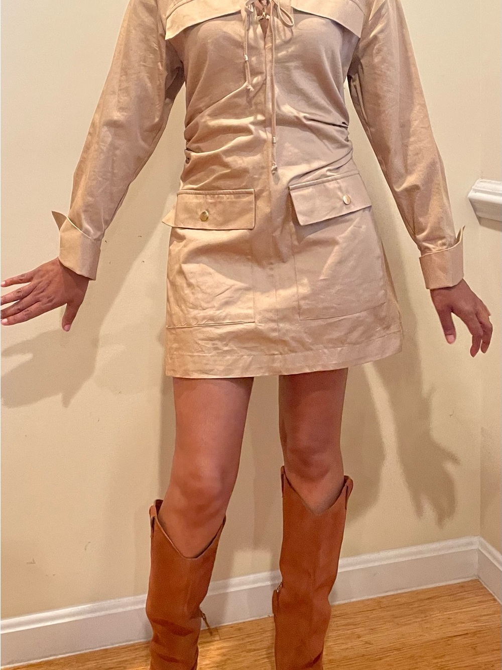 Zara Beige Utility Shirt Dress with Front Pockets